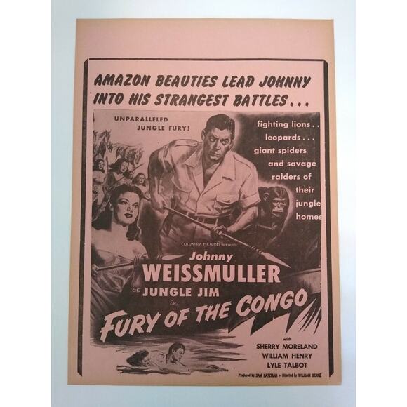 Jungle Jim Fury Of The Congo Johnny Weissmuller Movie Poster 1951 Vintage Amazon - Picture 3 of 6